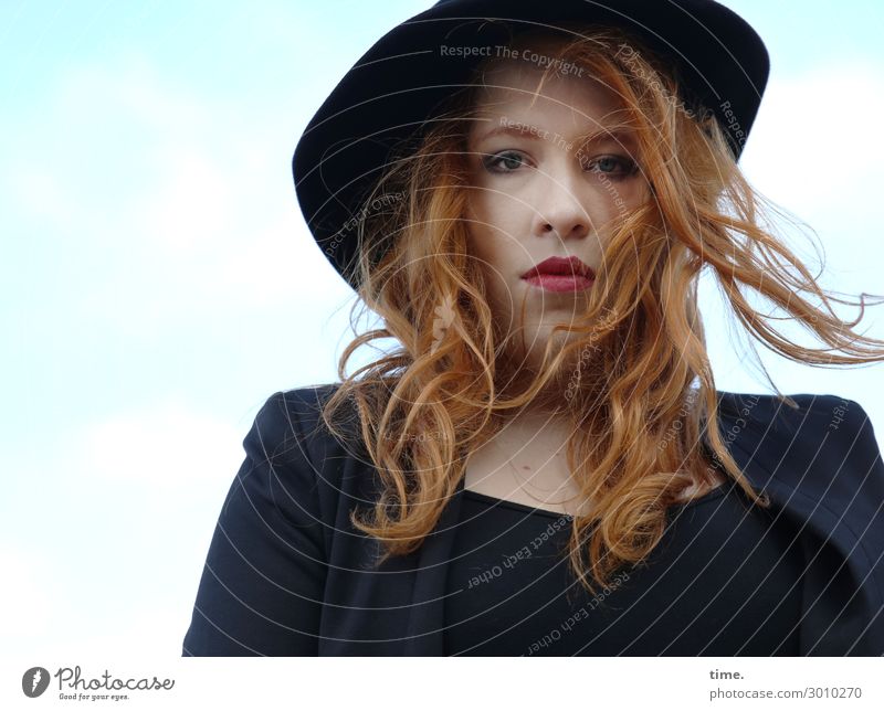 anastasia Feminine Woman Adults 1 Human being Sky Clouds Beautiful weather Wind T-shirt Jacket Hat Red-haired Long-haired Curl Observe Think Looking Wait