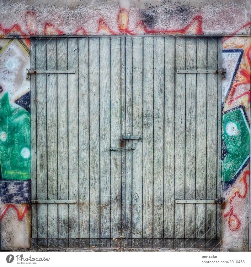 Come in and find out! Fishing village Hut Gate Facade Door Old Authentic Cool (slang) Dirty Hip & trendy Graffiti Denmark Wooden door Painted Colour photo