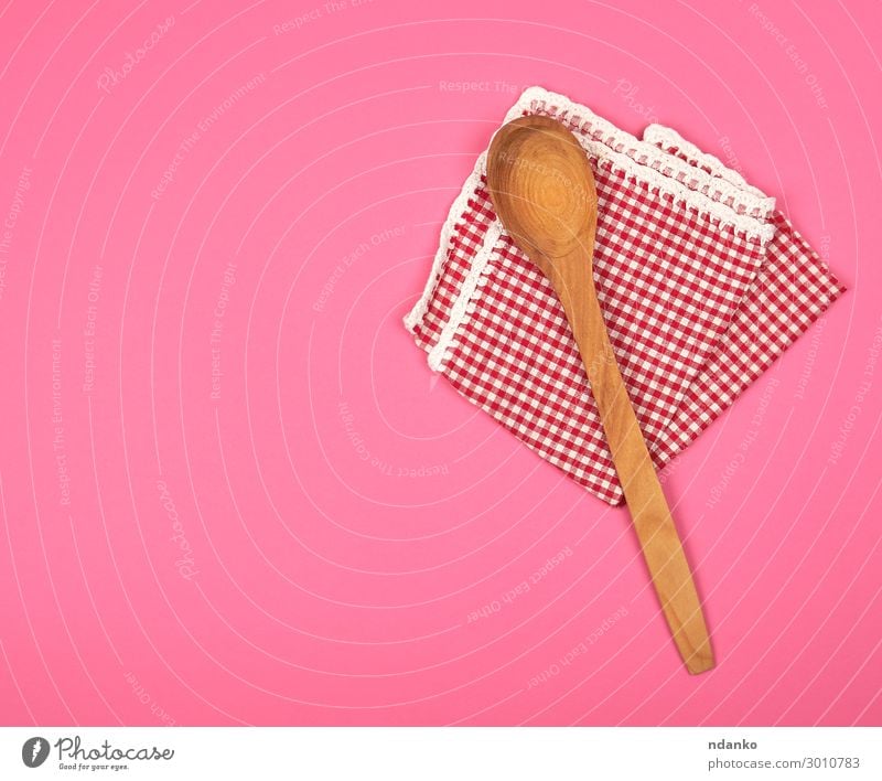 wooden spoon on a red kitchen towel Spoon Design Table Kitchen Restaurant Wood Clean Brown Pink Red background Canvas Checkered Cotton cover empty Folded food