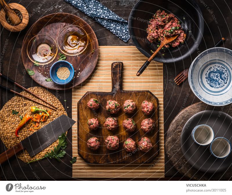 Asian meatballs on cutting board Food Meat Nutrition Asian Food Crockery Style Design Table Restaurant meat balls ingredients top view asian cuisine Thai