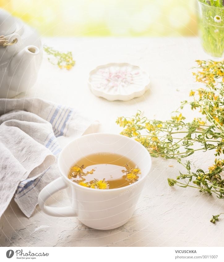 Herbal tea on a sunny summer day Food Herbs and spices Beverage Hot drink Tea Cup Style Design Healthy Healthy Eating Summer Table Yellow Background picture