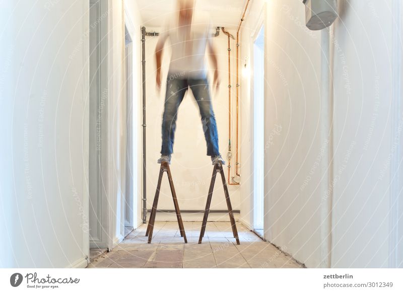 stand Old building Period apartment Motion blur Hallway Wooden floor Floor covering Man Wall (barrier) Human being Room Interior design Copy Space Stage play