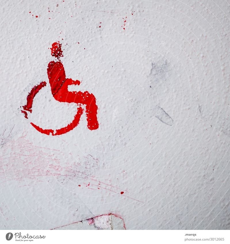 Barrier-free Wall (barrier) Wall (building) Wheelchair Pictogram Sign Red White Disability friendly Colour photo Exterior shot Deserted Copy Space left
