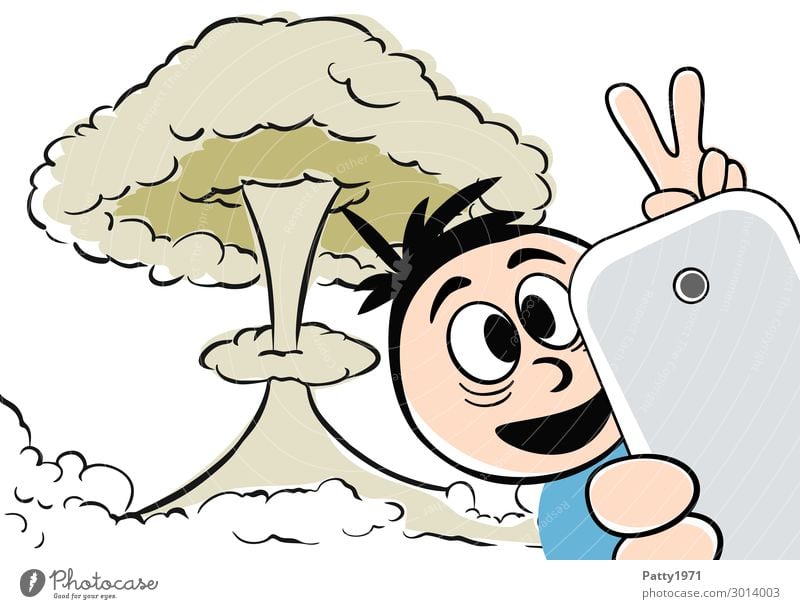 Catastropheselphie - Being there is everything Lifestyle Nuclear Power Plant Mushroom cloud Masculine 1 Human being Selfie Sign Gesture Smiling Threat Crazy