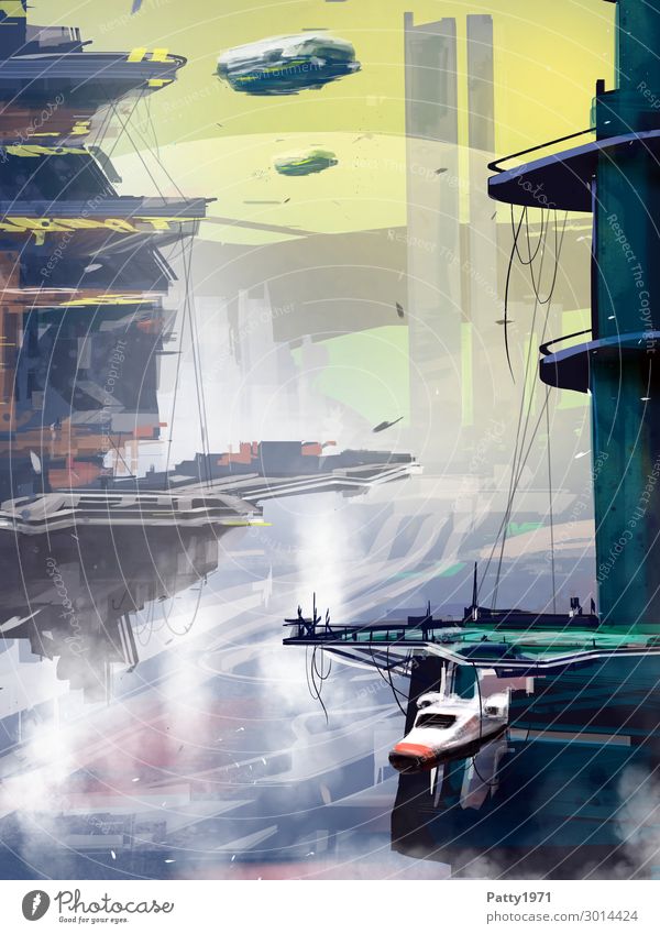 Spaceships glide through a futuristic industrial landscape. Abstract science fiction illustration. spaceship Science Fiction Industrial district spaceport