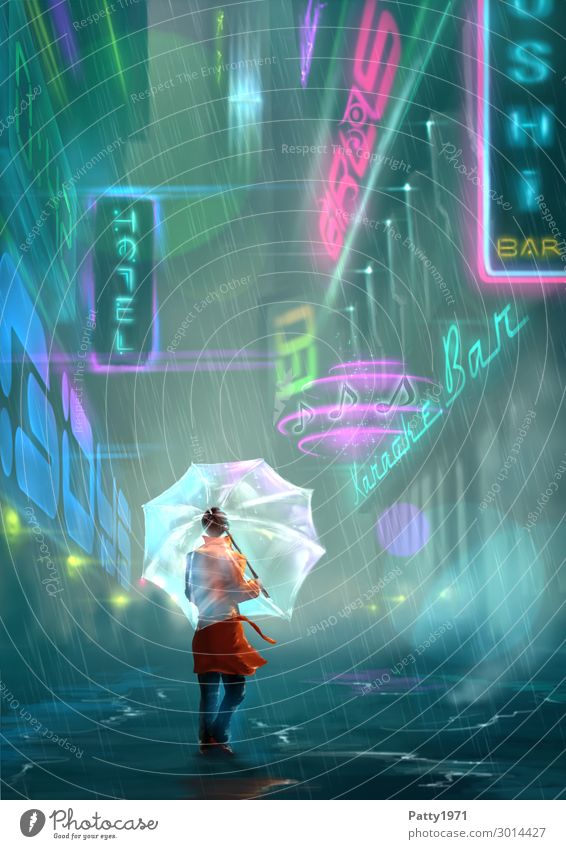 Digital illustration. Young woman with umbrella stands in a street of a futuristic cyberpunk city illuminated by neon signs. Neon light Science Fiction