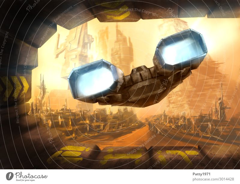 Spaceship leaving the space dock towards a dystopian industrial landscape. Abstract science fiction illustration. spaceship Industrial district dystopic