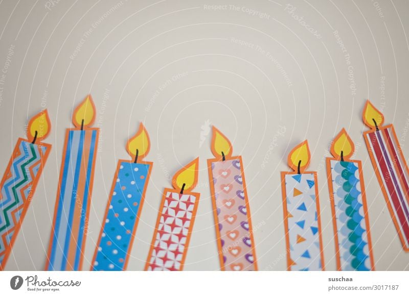 candles Candle Paper Handicraft Multicoloured Pattern Flame Fire Birthday birthday candles Simple 8 Neutral Background Copy Space top Salutation Card flatlay