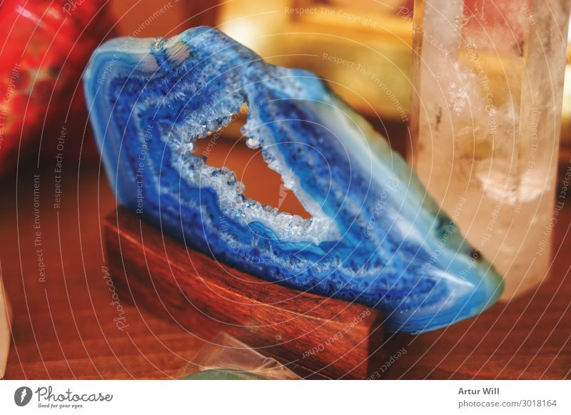 Blue agate slice Lifestyle Shopping Style Design Wood Crystal Glittering Joy Beautiful Minerals Agate Slice Colour photo Interior shot Close-up Detail