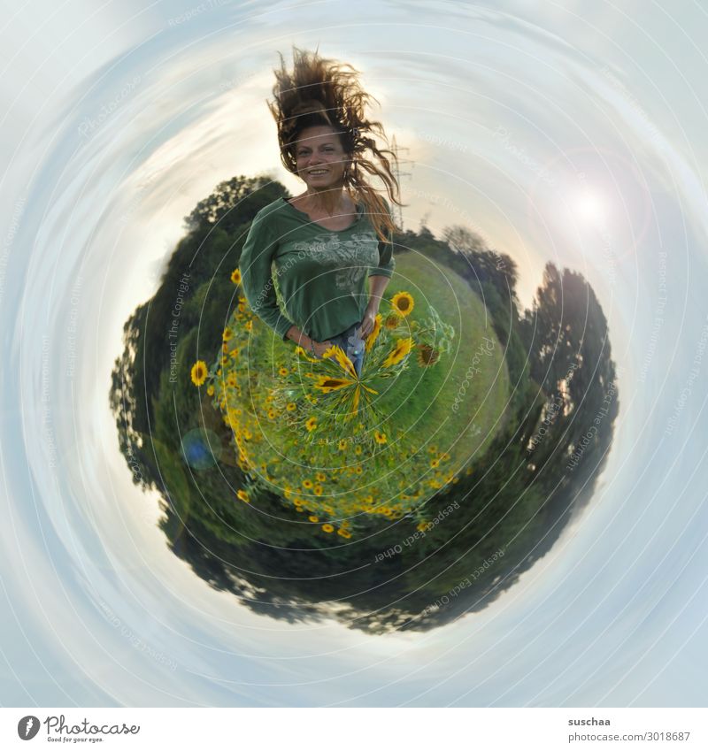 planet suschaa Earth Universe Sky Horizon Sunflower tiny plant small world Circle Round Planet Reaction Human being Figure Woman Hair and hairstyles Abstract