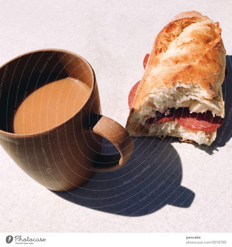 camper breakfast Food Sausage Dough Baked goods Roll Breakfast Beverage Hot drink Coffee Summer vacation Sunlight Relaxation Eating Camping Simple White bread