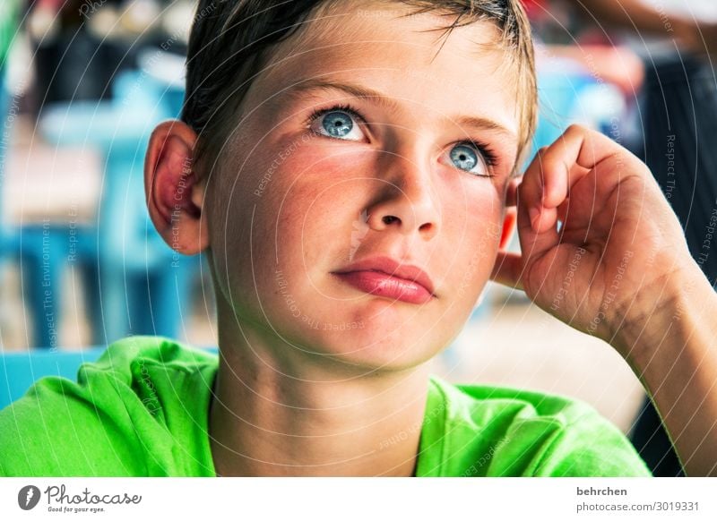 let me think introverted Close-up Earnest Face Colour photo Son portrait Boy (child) Child Dream blue eyes Meditative Dreamily lost in thought