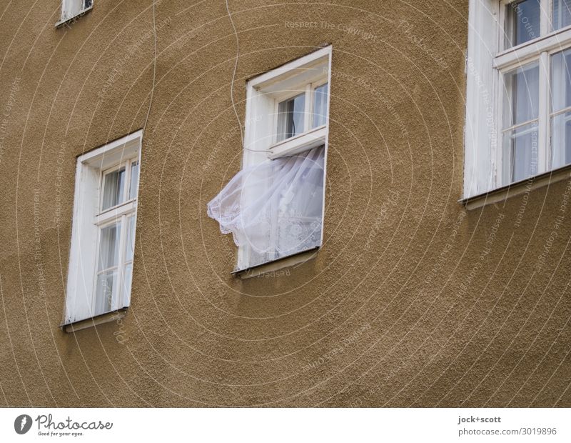 Curtain free out Facade Window Authentic Above Brown Back draft Blown away Open Ventilate Background picture Franconia Neutral Background Abstract Weathered