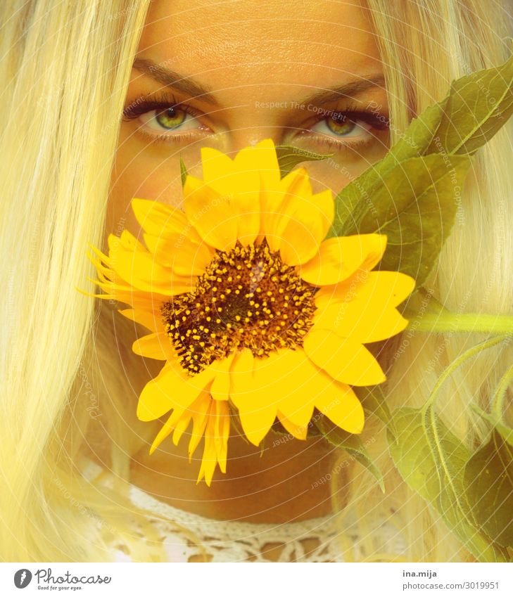 Through the flower Human being Feminine Young woman Youth (Young adults) Woman Adults Face Nature Summer Hair and hairstyles Blonde Yellow Sunflower fortunate