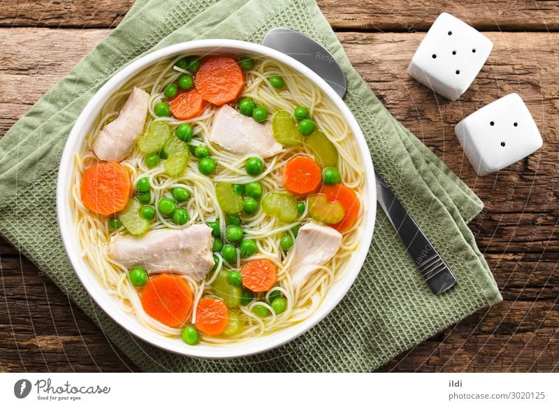 Chicken Noodle Soup Meat Vegetable Stew Fresh food noodle poultry Cooking Home-made Carrot Peas Celery appetizer Meal Dish pasta angel hair strand healthy light