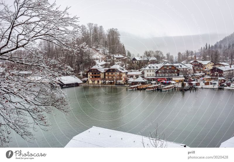 Schoenau at Koenigssee Winter Mountain Water Forest Hill Alps Coast Lake Town Harbour Watercraft Cold beautifully close to the lake Koenigssee