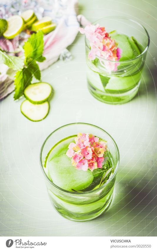 Glass of green cucumber rosemary drink Food Beverage Cold drink Drinking water Lemonade Juice Design Healthy Healthy Eating Summer Bar Cocktail bar Nature