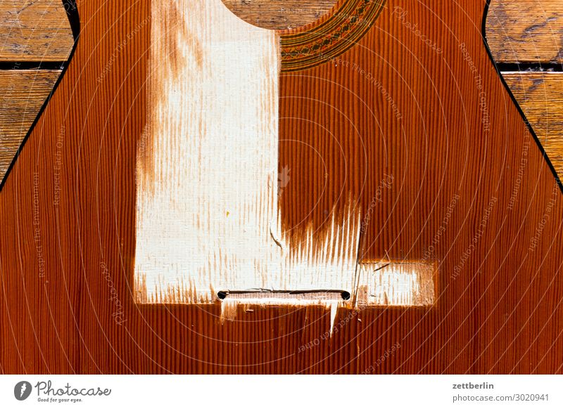 Broken guitar Guitar Musical instrument Blanket Wood Footbridge Destruction Torn Wood grain Thread Part Deserted Copy Space