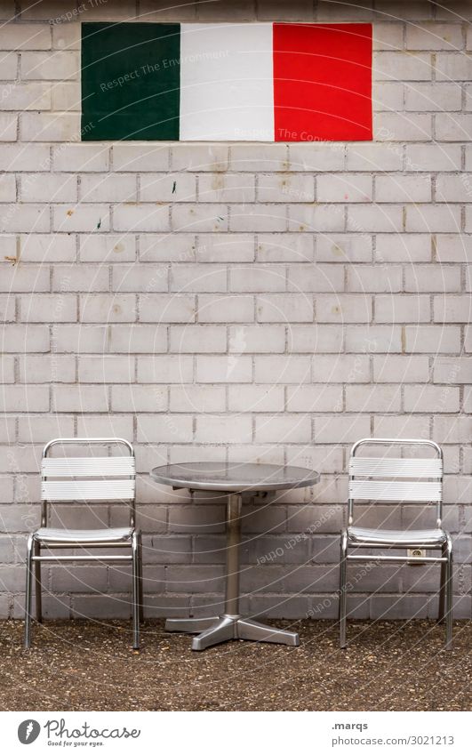 Italian flair Brick wall Chair Table Flag Relaxation Gloomy Italy Empty Break Tricolor Colour photo Exterior shot Deserted Copy Space middle