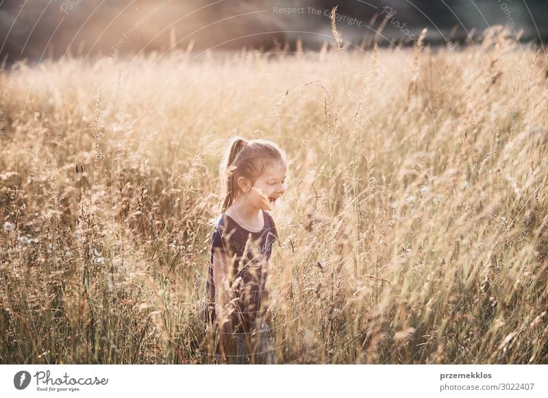 Little happy girl walking through a tall grass Lifestyle Joy Happy Relaxation Vacation & Travel Summer Summer vacation Child Human being Girl Family & Relations