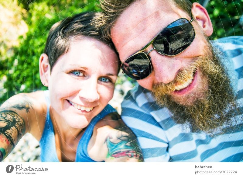 happy happy birthday:) portrait blurriness Sunlight Contrast Light Day Crazy Congenial Sunglasses Colour photo Exterior shot Funny Tattoo Love Together