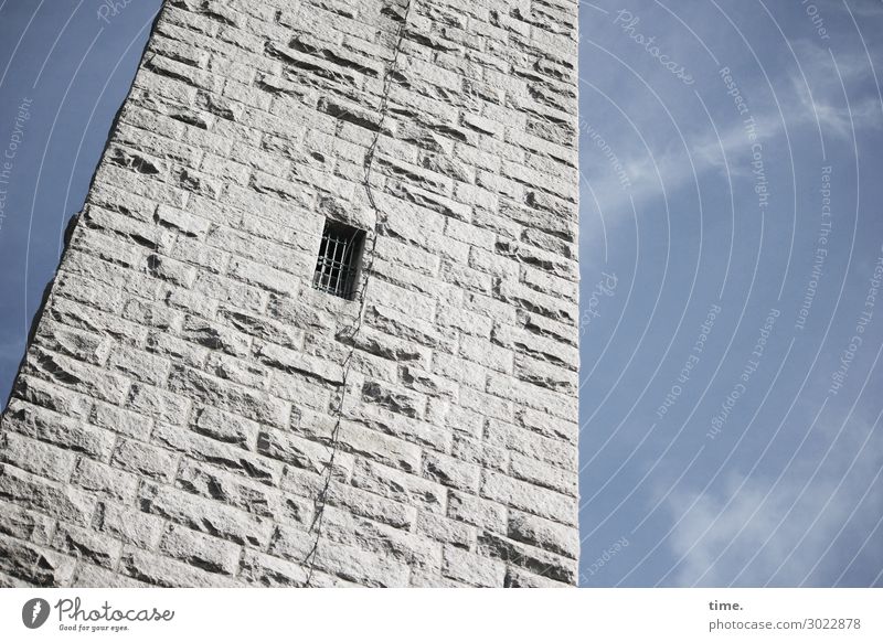 Airy draft. Sky Clouds Beautiful weather Tower Manmade structures Building Architecture Wall (barrier) Wall (building) Window Grating Lightning rod Stone