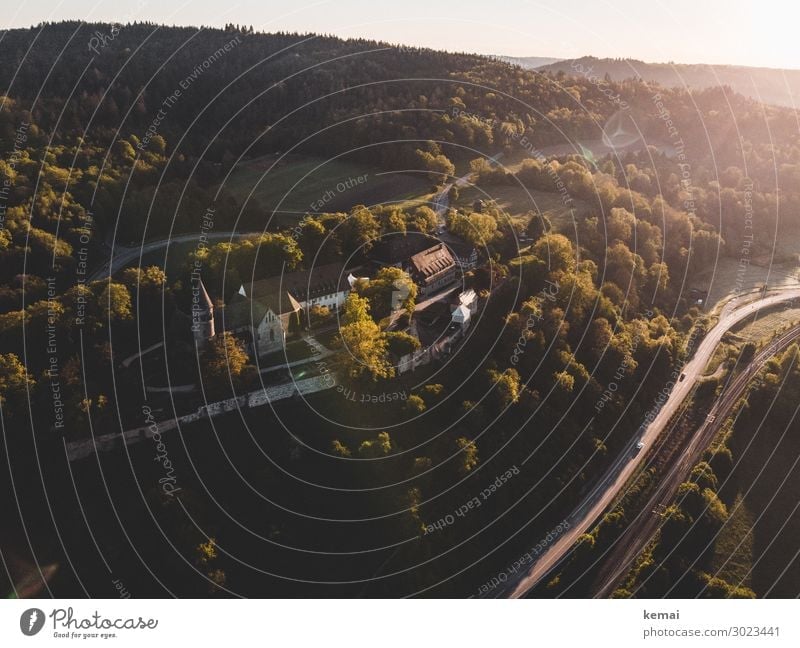 Monastery from above, surrounded by forest Church Church spire Bird's-eye view UAV view droning Forest Light Lensflare in the morning Morning Sunlight