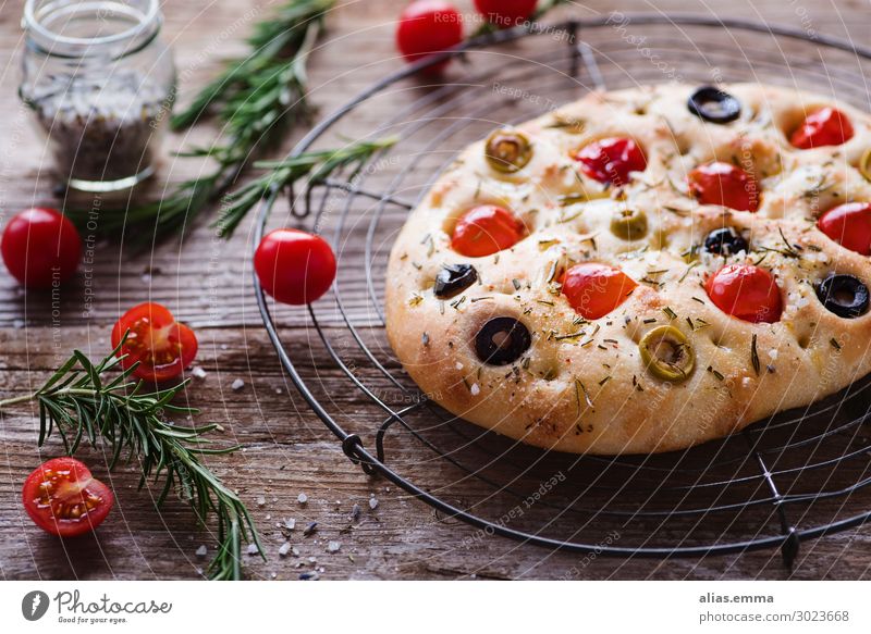 Focaccia with tomatoes, olives and herbs focaccia Bread Italian Food Summer Cooking Healthy Eating Dish Food photograph Baking Rustic Italy Flat bread Nutrition