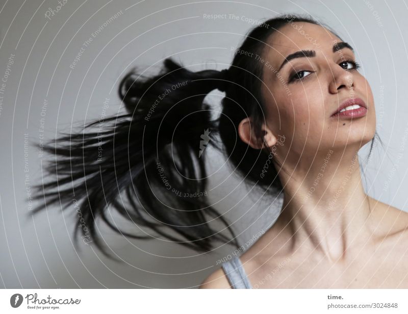 Woman with flying braid Feminine Adults 1 Human being T-shirt Black-haired Long-haired Braids Observe Rotate Looking pretty Joie de vivre (Vitality)