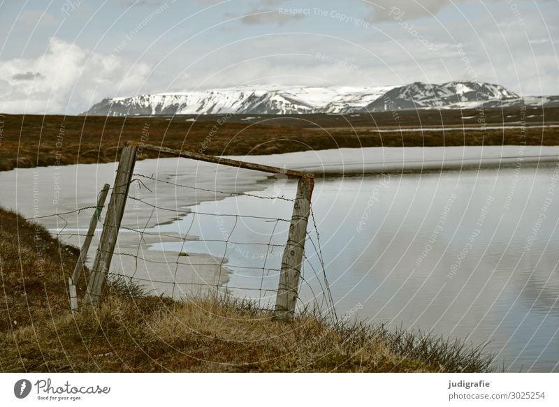 Iceland Environment Nature Landscape Elements Water Climate Frost Snow Mountain Snowcapped peak Lakeside Fence Cold Natural Wild Moody Wanderlust Loneliness