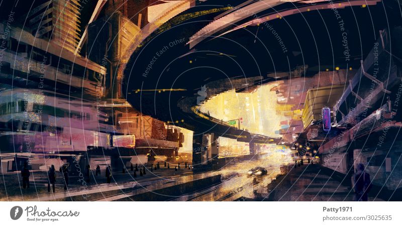 Urban cityscape at dusk. Abstract illustration. Town Downtown Skyline Populated High-rise Bridge Building Architecture Street Overpass Esthetic Dark Warmth