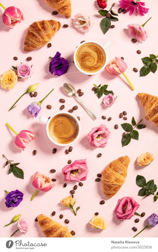 Morning coffee, croissants and a beautiful flowers . Flat lay st aroma background beverage border breakfast cafe coffee background composition copyspace cup day