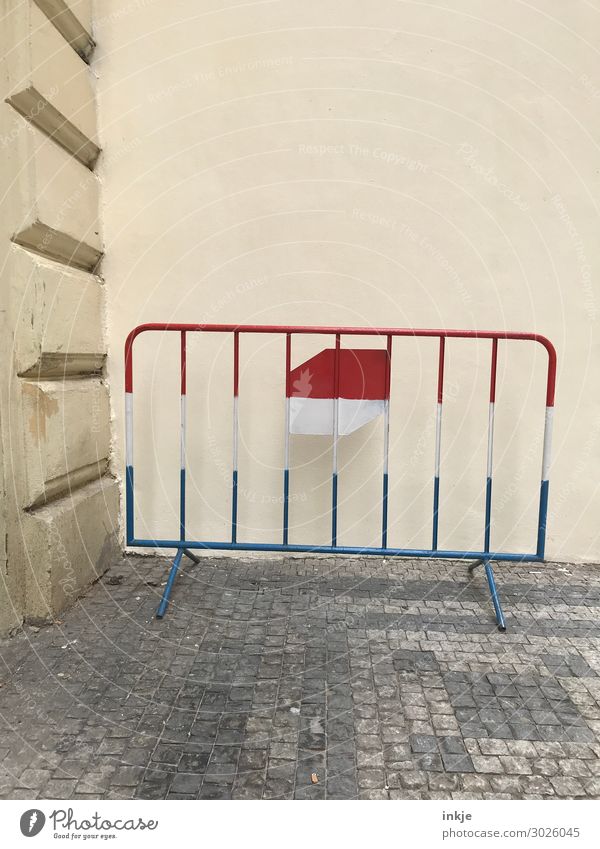 crowd barriers Deserted Wall (barrier) Wall (building) Facade Transport Protective Grating Barrier Metal Blue Red White Tricolor Corner Colour photo