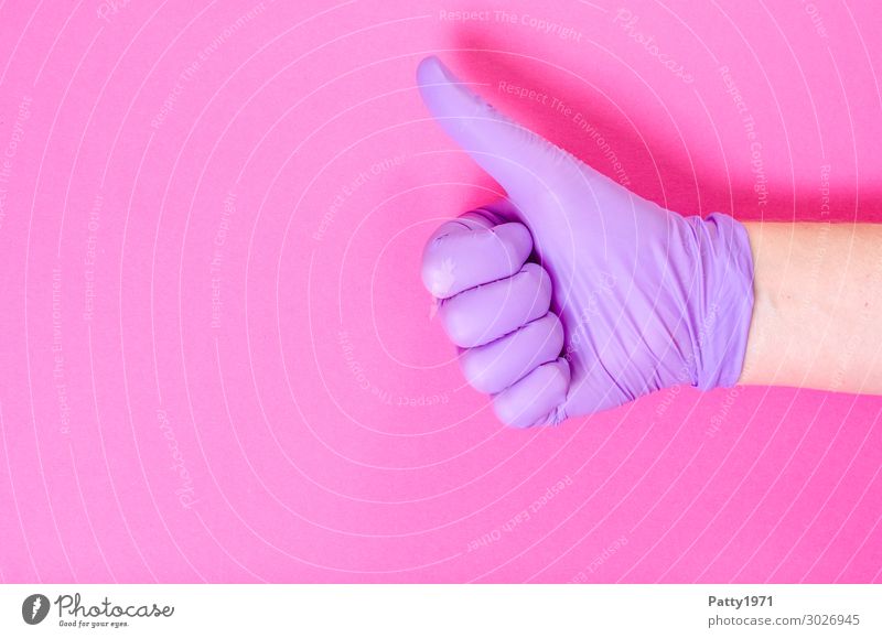 Thumbs up Health care Human being Hand 1 18 - 30 years Youth (Young adults) Adults 30 - 45 years Body language Latex gloves Gesture Success Positive Violet Pink