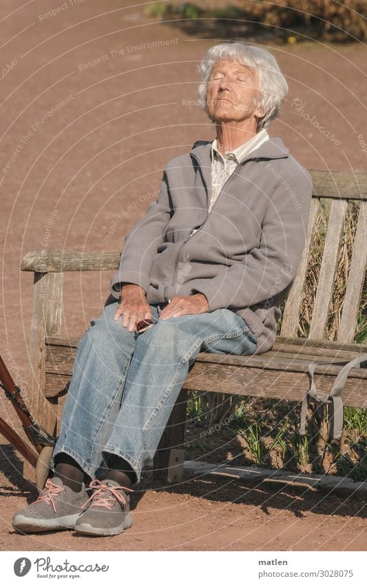 warming rays Human being Feminine Woman Adults Female senior 1 60 years and older Senior citizen Old Brown Gray White Sunbathing Heat Bank building Colour photo