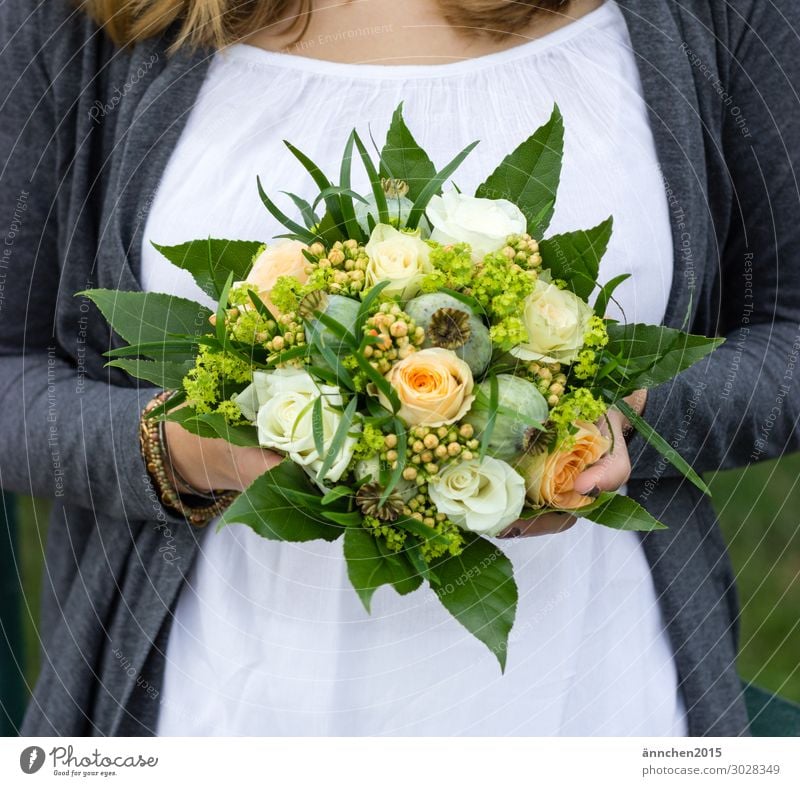 Yes, I do! Love Wedding Marriage proposal Flower Bouquet Bride Spring Summer To hold on White Gray Green Orange Nature Happy Exterior shot Woman
