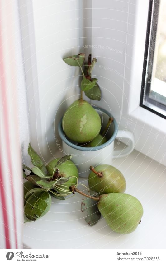 Hello Autumn Pear Fruit Summer Green Interior shot Curtain Window Cup Leaf Pick Healthy Eating Dish White Red Striped Window board Cozy Happy