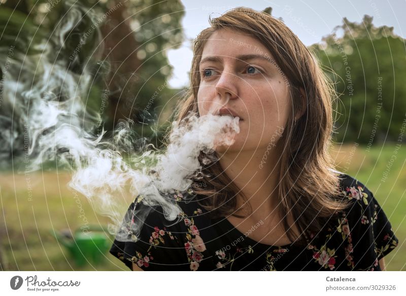 smoke Young woman portrait Smoke Smoking Cigarette Unhealthy Nicotine Harmful to health Health hazard Dependence Addictive behavior Addiction Tobacco products