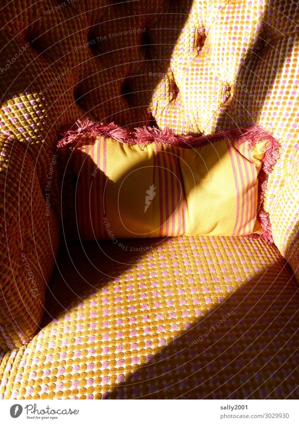 sunny spot... Armchair Chair Cozy sofa cushion Shaft of light Sunlight warm Furniture Living or residing dwell rest Shadow Yellow Checkered Empty Pink