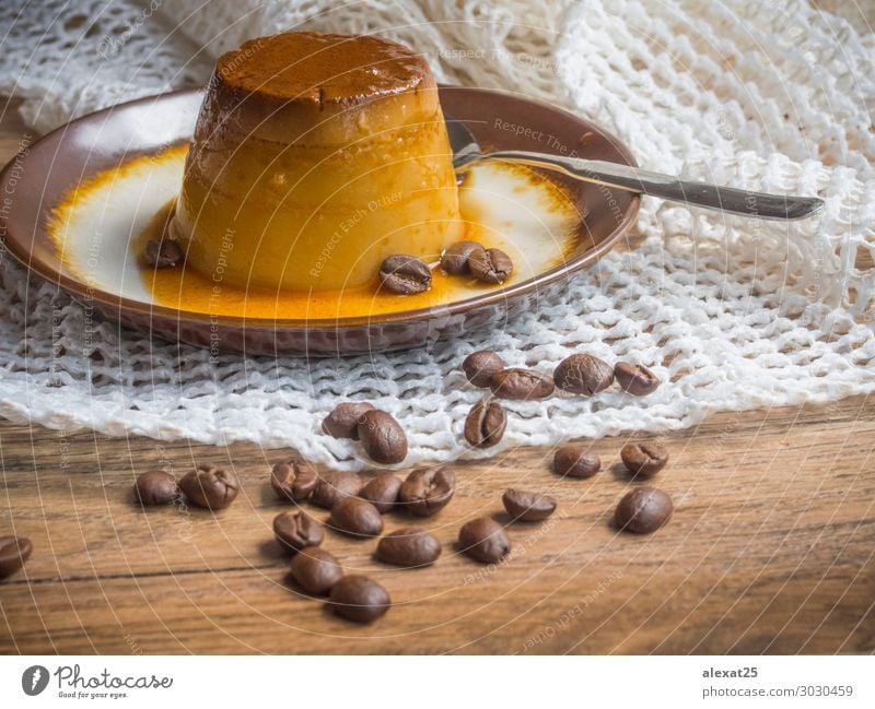 Coffee flan in a plate on wood background Dessert Plate Delicious White Tradition Caramel cream Creamy Cooking custard food Gourmet Horizontal Meal milk