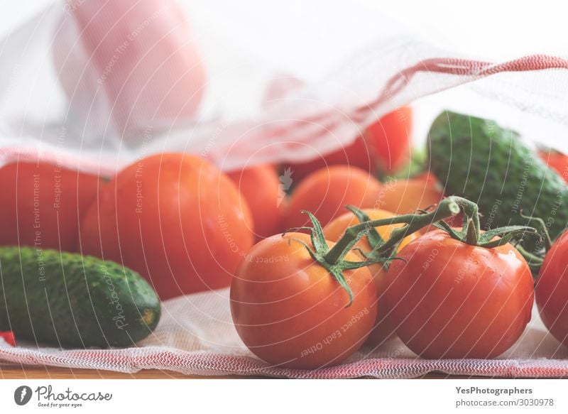 Vegetables in ecological bag close-up. Food Diet Lifestyle Healthy Eating Environment Packaging Package Fresh Modern Green Red White Colour agriculture colorful