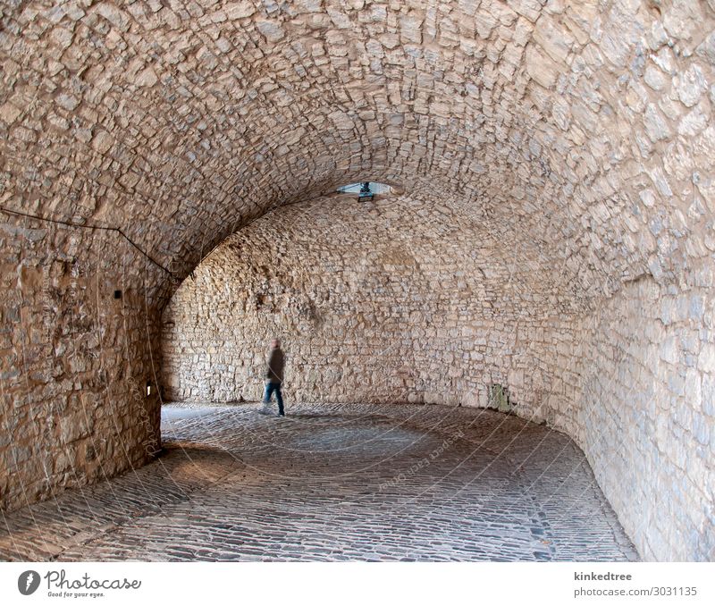person walking through cobblestone arched tunnel road Man Adults Architecture Blue Brown Gray Black White Colour cream light blur People Silhouette