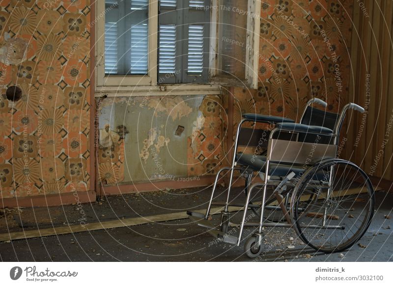 vintage wheelchair and dusty floor in old house Illness House (Residential Structure) Chair Wallpaper Deserted Ruin Old Creepy Retro Loneliness Distress vntage