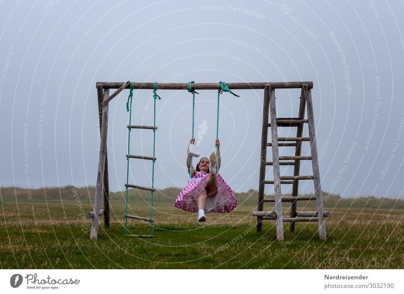 Woman in summer dress on a swing Copy Space top Exterior shot Swing Serene Freedom Nostalgia Moody Loneliness Movement Clothing Dress To swing