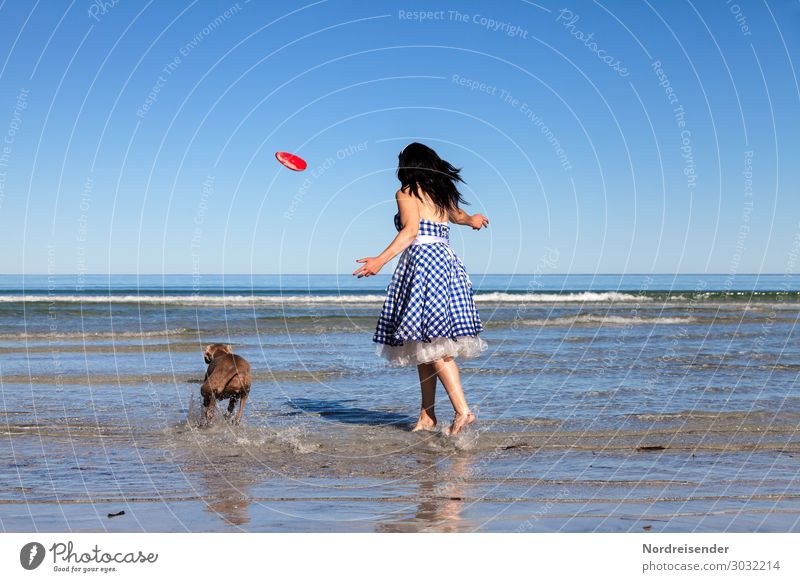 dynamism Lifestyle Joy Vacation & Travel Freedom Summer vacation Beach Ocean Human being Feminine Woman Adults Water Cloudless sky Beautiful weather Coast