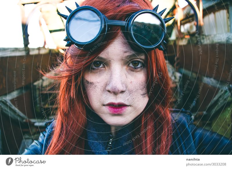 Young woman wearing steampunk style clothes Style Face Life Work and employment Industry Woman Adults Punk Earth Workwear Red-haired Exceptional Uniqueness