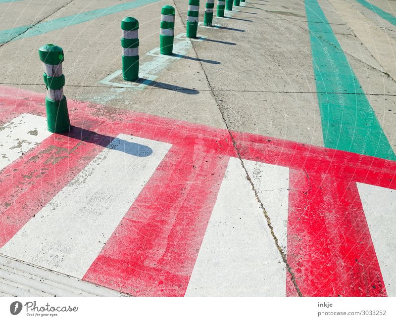 to the ferry terminal Zebra crossing Bollard Navigation Cruise Ferry Ferry terminal Line Stripe Green Red Logistics Warning colour Colour photo Exterior shot