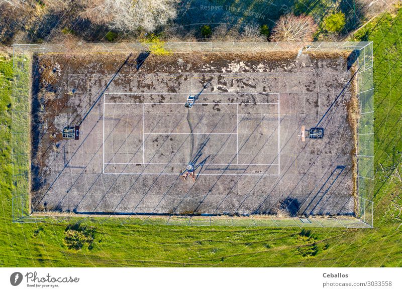 Abandoned tennis court in the countryside Lifestyle Relaxation Leisure and hobbies Playing Sports Landscape Aircraft Dirty Above Housing Action engineering land