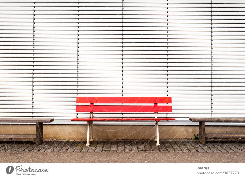 banking Downtown Bench Roller shutter Closed Relaxation Red White Colour Empty Colour photo Exterior shot Deserted Copy Space left Copy Space right