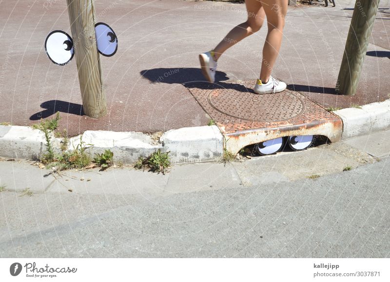 streetworker Human being Eyes Legs Art Going Comic Gully Sidewalk Street Pedestrian Looking Hiding place Pole Curbside Colour photo Subdued colour Exterior shot